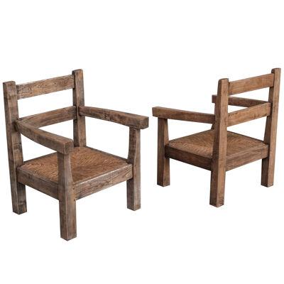 Pair of Mid-Century French Rush Primitive Oak Armchairs