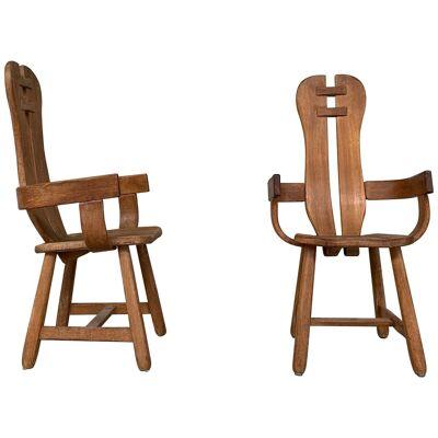 Belgium Oak Brutalist Mid-Century Chairs by De Puydt