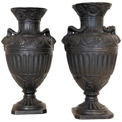 Rare Pair of 19th Century Bohemian Neoclassical Majolica Vases