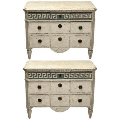 Gustavian, Swedish Painted Commodes, Greek Key, White and Blue Paint Distressed