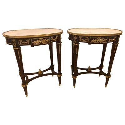 Louis XVI Style Bronze Framed Marble-Top End Lamp Tables with Bronze Mounts Pair