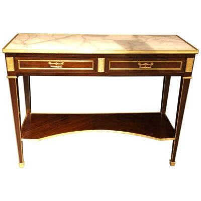 Jansen Style Two-Drawer Marble-Top Bronze Console or Serving Table