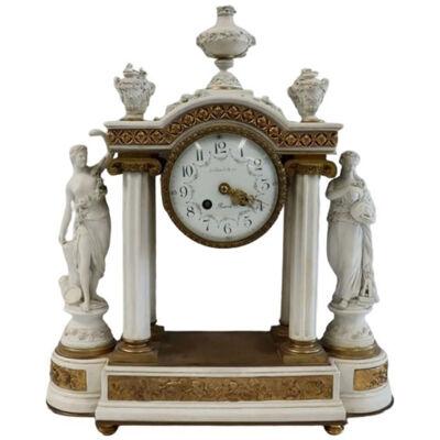 Sèvres Parian Attr, Louis XV, French Mantle Clock, Parian, Bronze, 19th Century