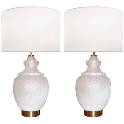 Pair Large White Mid-Century Modern Table Lamps, Textured Art Glass, Brass 1960s