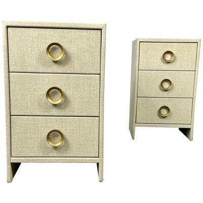 Pair Custom Linen Wrapped Nightstands, End or Side Tables, Beige, American