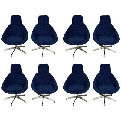 Set of Eight Blue Mid-Century Modern Armless Office / Dining Chairs, Boucle