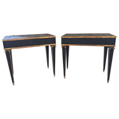 Pair of Maison Jansen Style End Table in Leather Top and Bronze-Mounted Legs