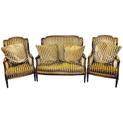 Large Jansen Style Louis XVI Living Room Suite Couch and Two Lounge Chairs