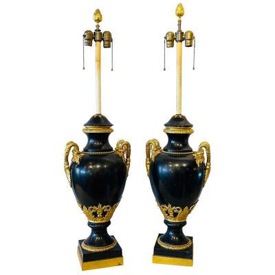 Pair of 19th Century Doré and Black Marble Table Lamps or Urns