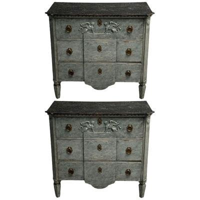Gustavian, Swedish Commodes, Blue Paint Distressed, Brass, Sweden, 19th C.