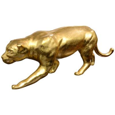 Panther Sculpture Resin in Gold Finish Eyes in Swarovski Crystal