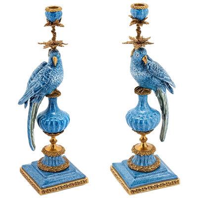 Blue Parrot Set of 2 Candleholder