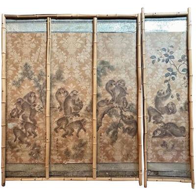 Set of Four Vintage Italian Panels of Monkeys in Bamboo Frames