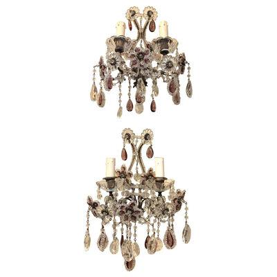 Pair of French Beaded and Crystal Amethyst 2 Light Sconces
