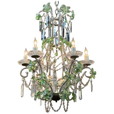 Vintage Italian Beaded Crystal and Green Prism Chandelier