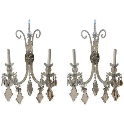 Pair of Antique English Waterford Style Crystal Wall Sconces