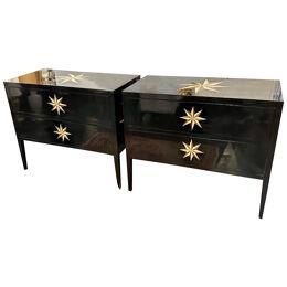 Pair of Black Lacquered Chests with Inlaid Star Pattern
