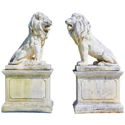 FINE PAIR OF MID CENTURY CARVED STONE LION STATUES
