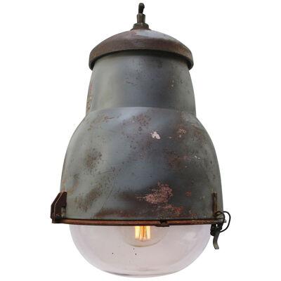 French Grey Metal Vintage Round Glass Pendant Lights by Philips