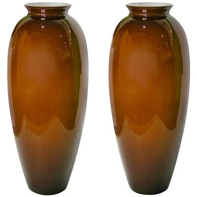 1980 Italian Vintage Pair of Golden Polished Brown Murano Glass Tall Vases