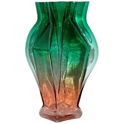 1980s Toni Zuccheri for Venini Green and Orange Murano Glass Vase