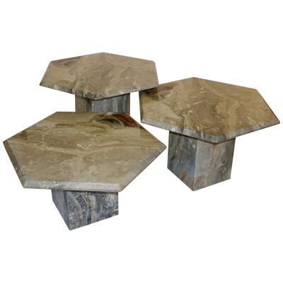Vintage Italian 3 Geometric White Gray and Red Vein Marble Nesting Tables 1970s