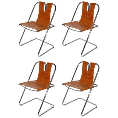 1960s Italian Set of Four Hand-Stitched Leather and Chrome Chairs