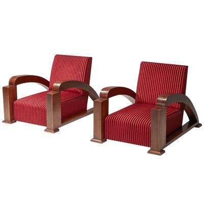 Art Deco Lounge Chairs in Red Striped Velvet, France, 1940s