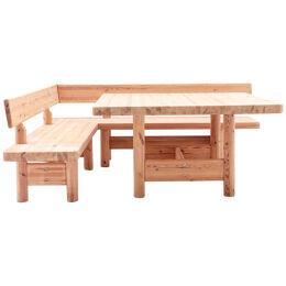 Rainer Daumiller. Set of a table and two benches in larch. 1980s. LS57051009B