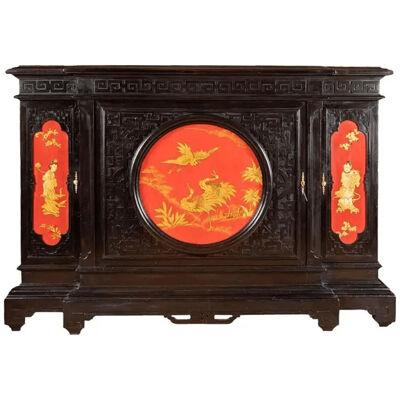 Large Chinese Style Cabinet in Black, Red and Gold Lacquered Wood, circa 1880