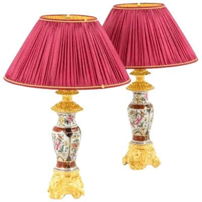 Pair of Lamps in Valentine Porcelain and Gilt Bronze, circa 1880