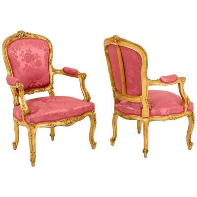 Pair of Louis XV Style Cabriolet Armchairs in Giltwood, circa 1880