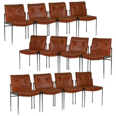 Series of Twelve Chairs in Leather and Chromed Metal, 1970s