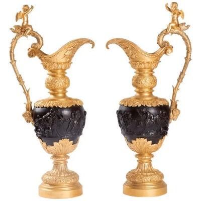 Clodion, Pair of Ewers in Bronze with Two Patinas, Late 19th Century