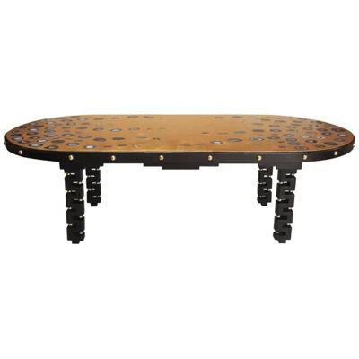 Large blackened oak table with gilt tray inlaid of agates, contemporary