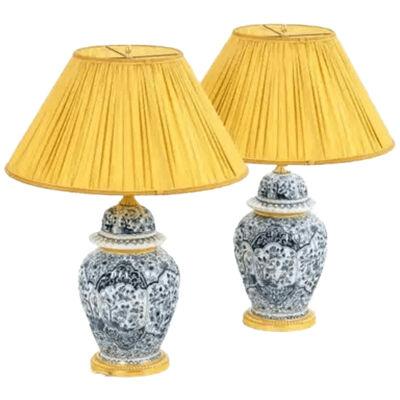 19th Century Pair of Lamps in Earthenware Bronze circa 1880 Yellow Lamp shade