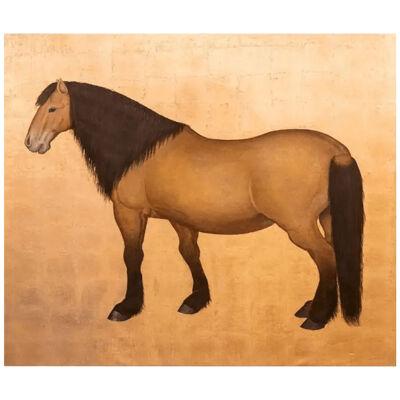 Painted Canvas, Brown Bai Horse on a Gilt Background, Contemporary Work