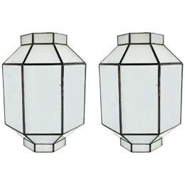 Art Deco Style White Milk Glass Octagon Shaped Chandelier or Pendant, a Pair