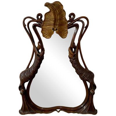 French Art Nouveau Mahogany Frame Mirror in Butterfly Shape