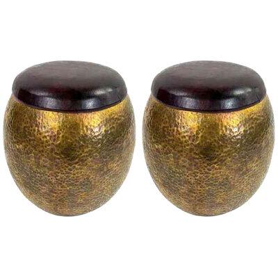 Mid-Century Modern Brass Ottoman, Stool or Side Table with Leather Top, a Pair