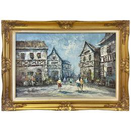 Impressionistic Oil on Canvas Painting of European Street Scene by L.I. Bernard