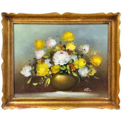 Still Life Oil on Canvas painting of White and Yellow Roses, Signed