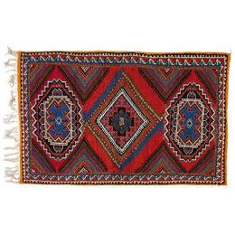 Boho Chic Moroccan Handwoven Blue & Red Wool Diamond Design Rectangular Rug