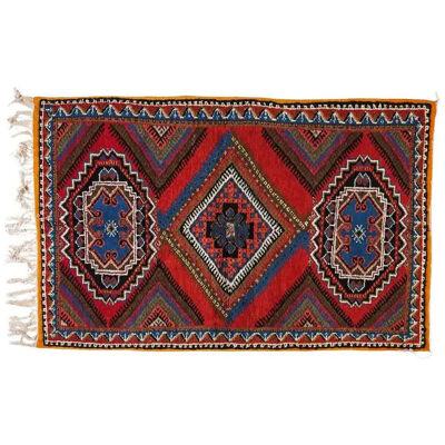Boho Chic Moroccan Handwoven Blue & Red Wool Diamond Design Rectangular Rug