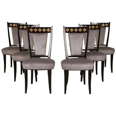 Set of 6 Midcentury Ebonized Dining Chairs with Bronzed Decoration