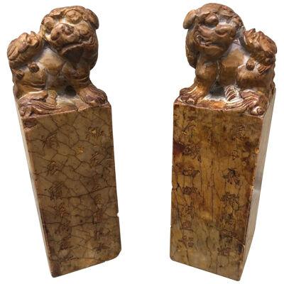 Pair of Early 20th Century Chinese Soapstone Seals with Bixies