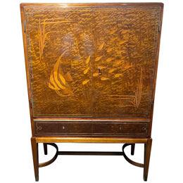 Spectacular French Art Deco Brass Mounted Fish Inlaid Bar Cabinet with Drawers