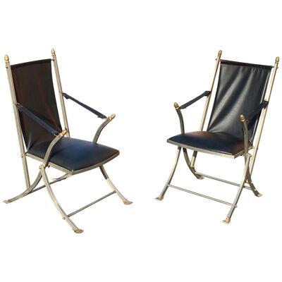 Pair of Midcentury Jansen Style Steel and Leather Folding Campaign Chairs
