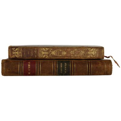 1800s French Brown Leather Bound Books (Set of 2)