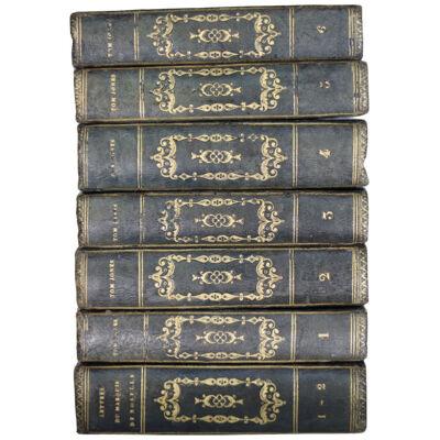 1828 French Marbled Leather Bound Antique Books (Set of 7)